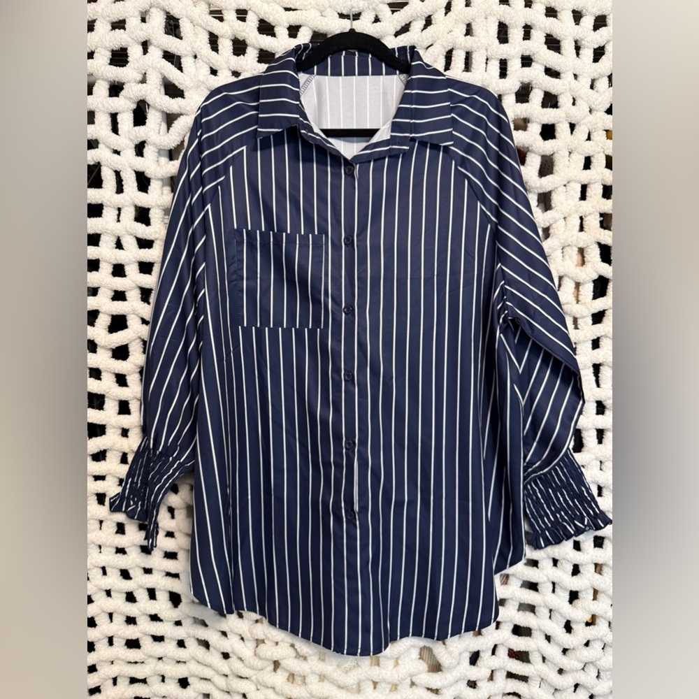1X Navy and White Striped Button Down Blouse